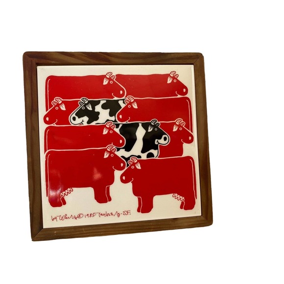 Taylor Other - Vtg Cow Trivet Red & Black Cows White Tlle Dairy Dearies Farmhouse Country